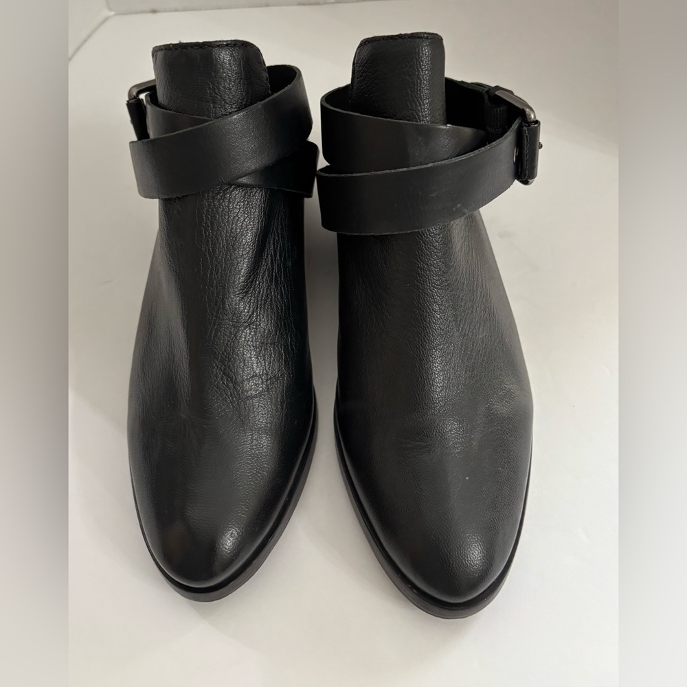 A7EIJE Black Leather Ankle Straps Mule Booties Size 6.5/EU37
